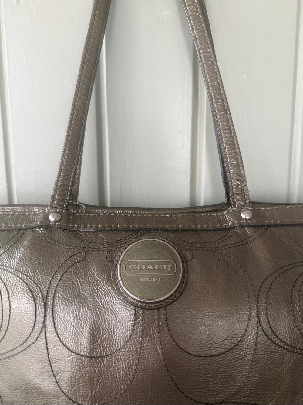 COACH Parker Metallic Leather Tote Olive Bronze Silver Hardware Blue Satin Bag - Picture 5 of 13